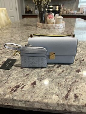 Kate Spade Pale Blue Multi-Color Leather Shoulder Bag with Matching Wallet